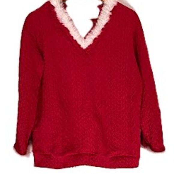 Red Sweater With White Faux Fur Collar and Cuffs, Size Medium - Picture 1 of 8